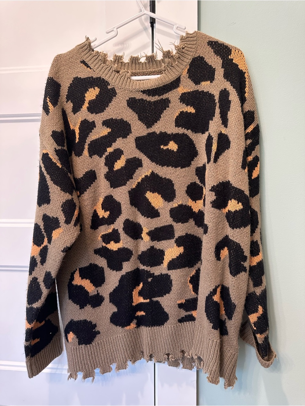 Women’s Distressed Leopard Print Sweater - Tan/Black